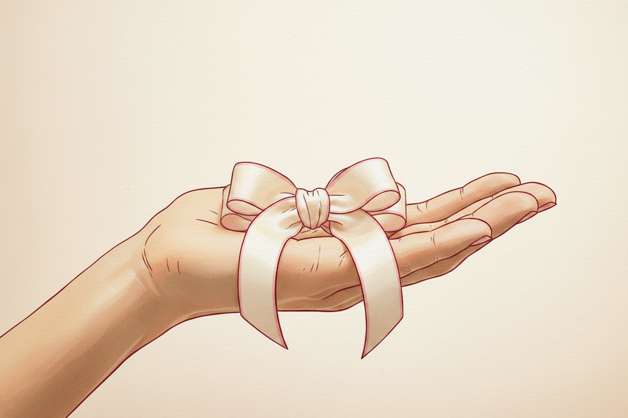 Hand-illustrated hand presenting a gift bow